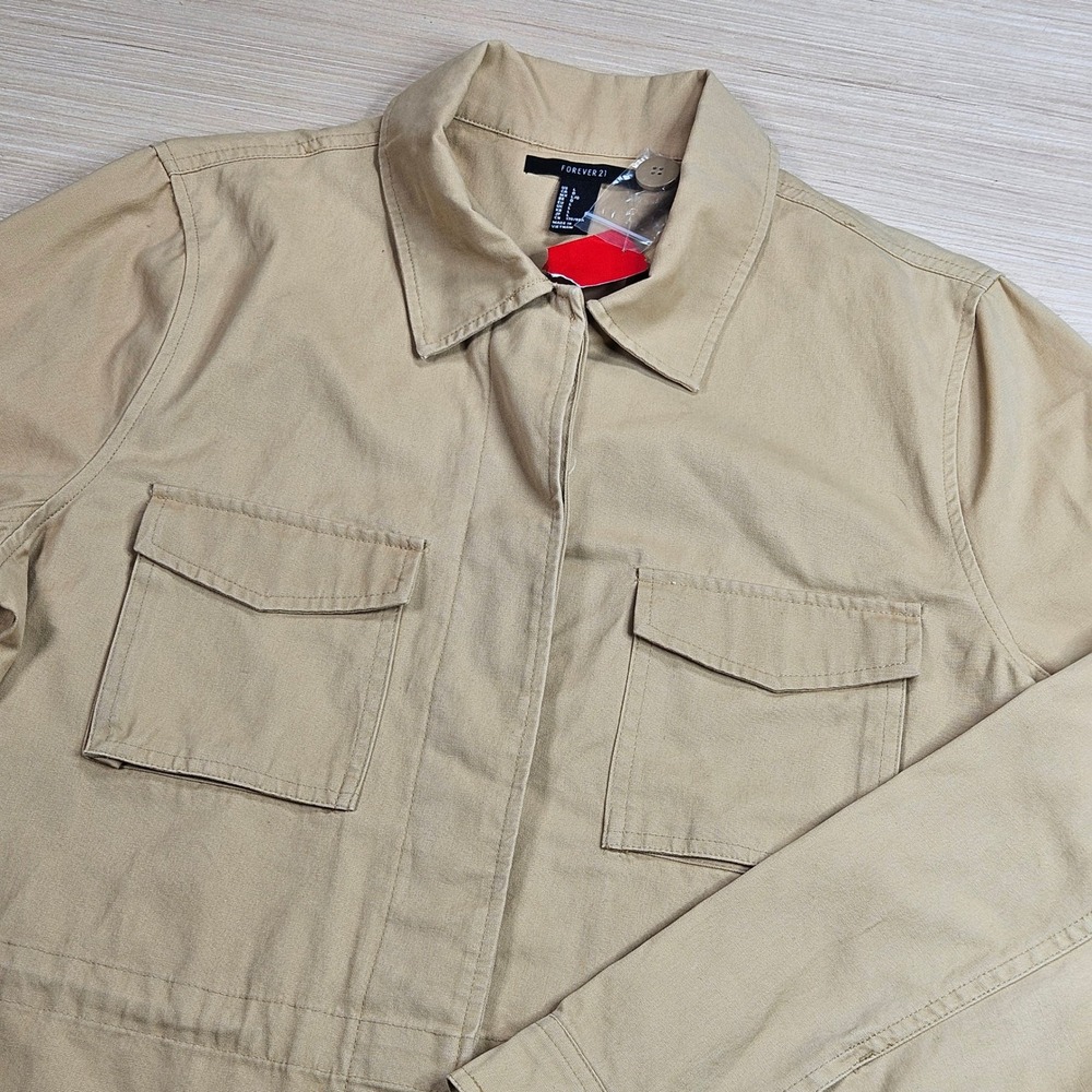 Forever 21 Utility Field Jacket Women L Tan Cotton Chore Coat Safari Pocket NEW